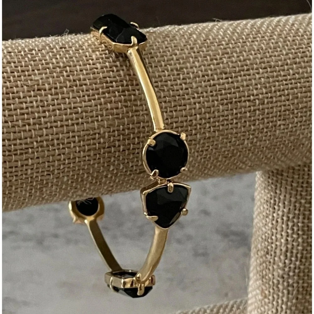Kate Spade -Gold Tone Metal Bangle Bracelet with Black Stones, Slip On Style - Picture 3 of 4